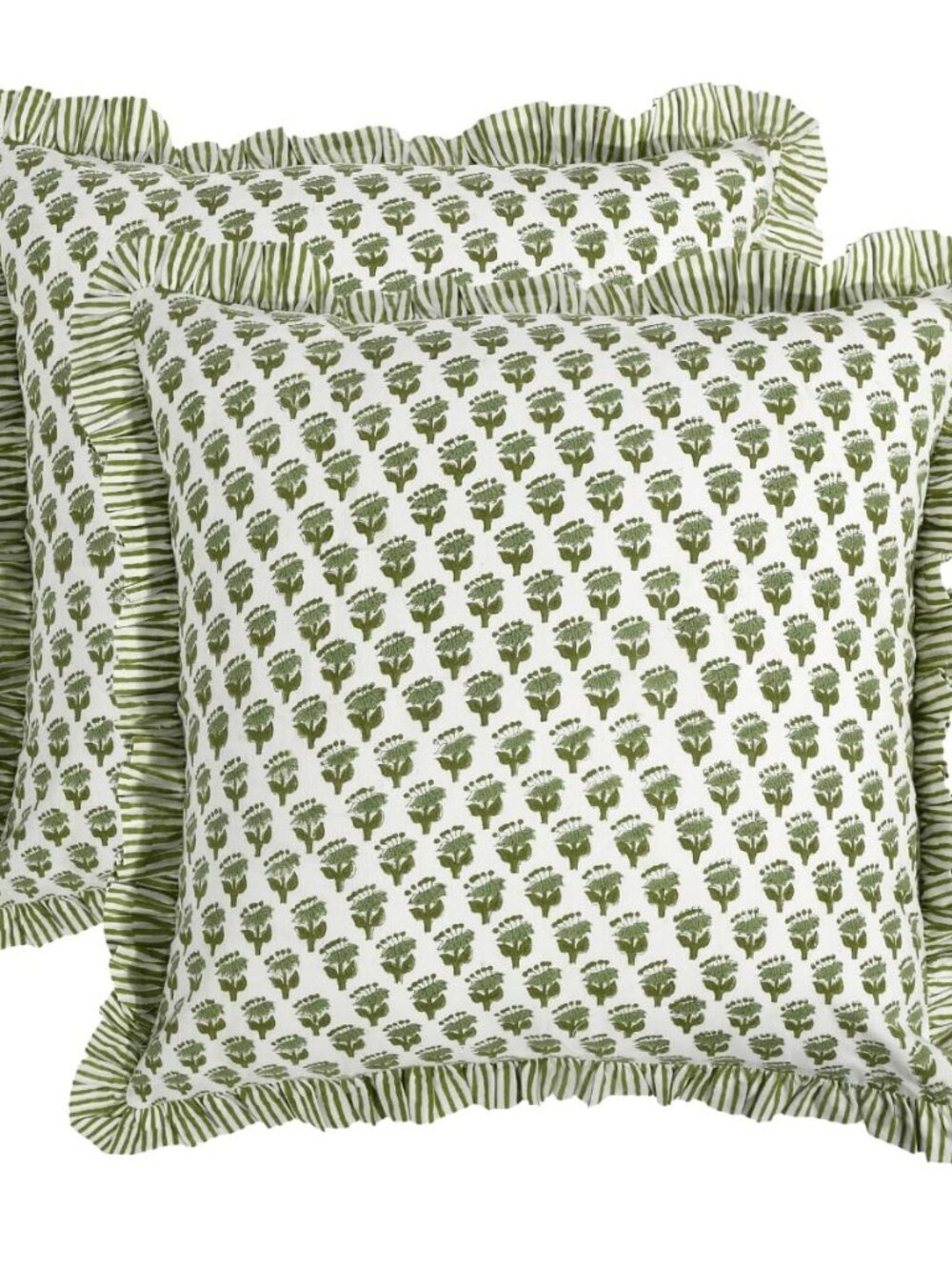CPC Emerald Green Block Print Ruffle Pillow Cover 18x18 Inch, Pack of 2